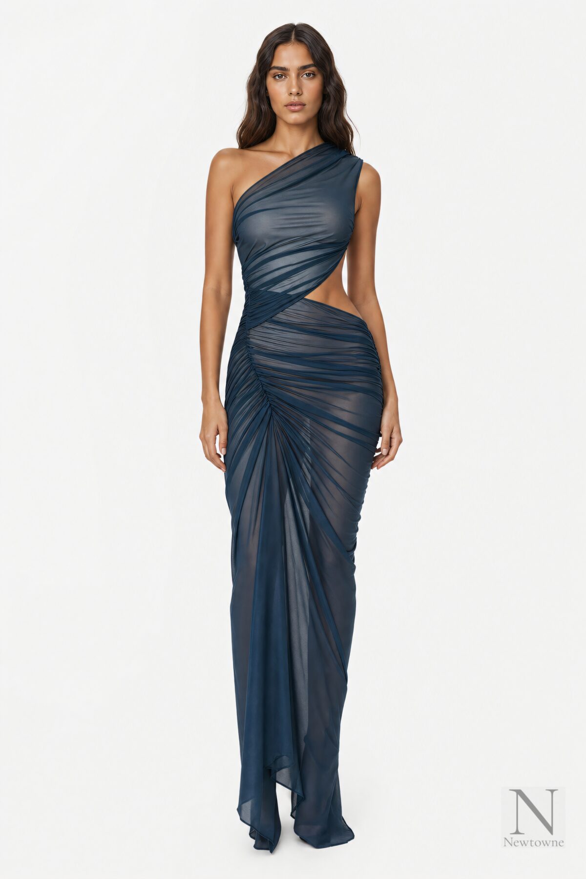 Atlein One Shoulder Ruched Cut Out Gown Dress