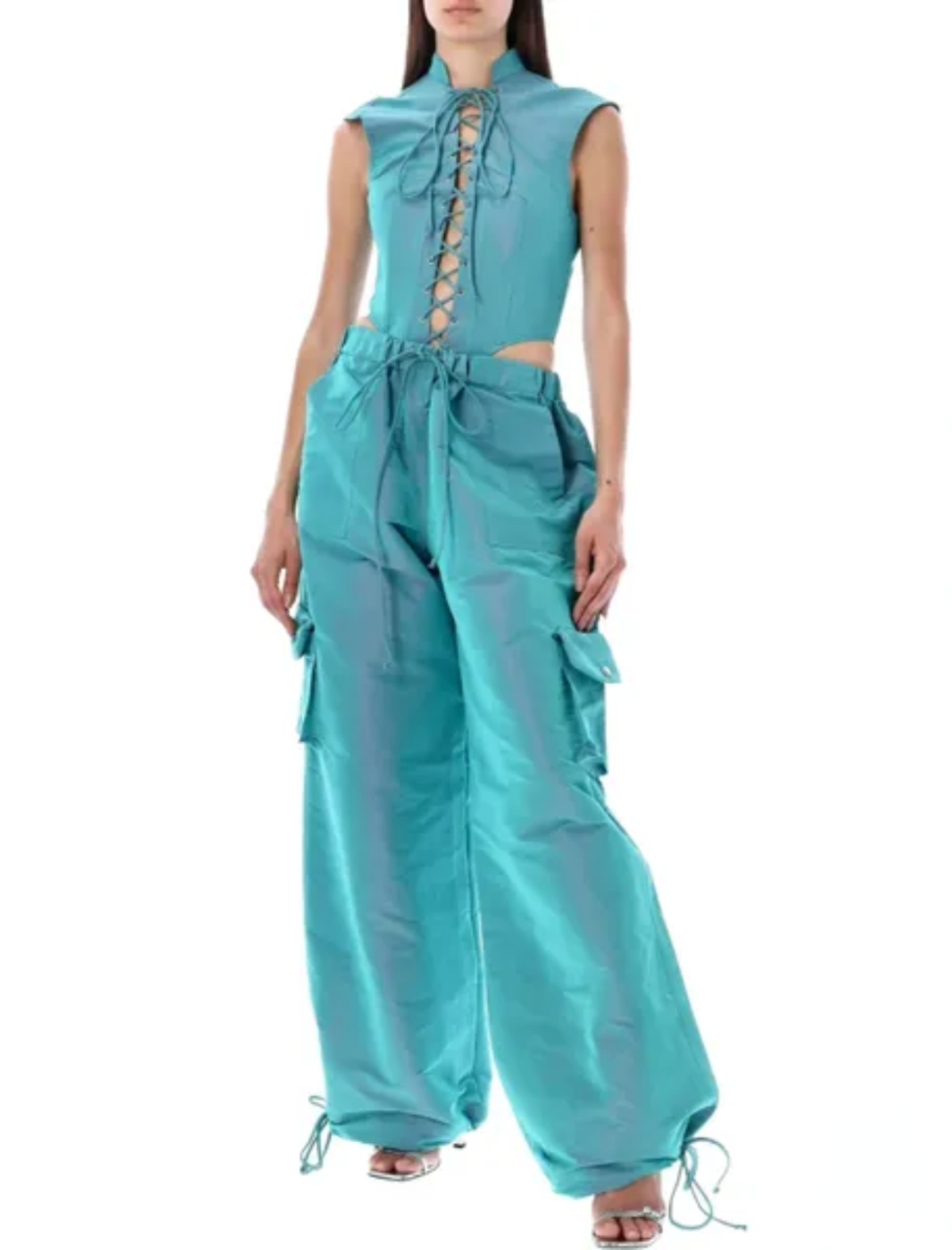 LaQuan Smith Utility Bodysuit with Lace Up Detail — Aqua