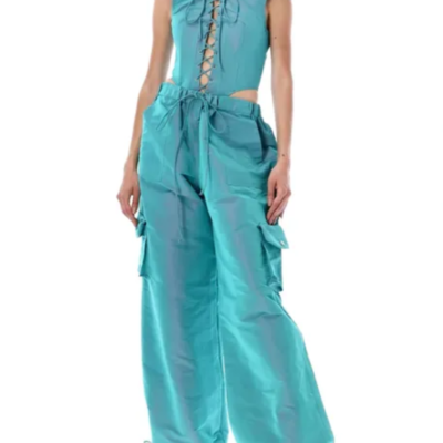 LaQuan Smith Utility Bodysuit with Lace Up Detail — Aqua
