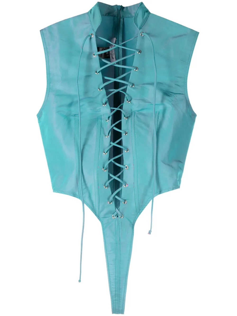 LaQuan Smith Utility Bodysuit with Lace Up Detail — Aqua
