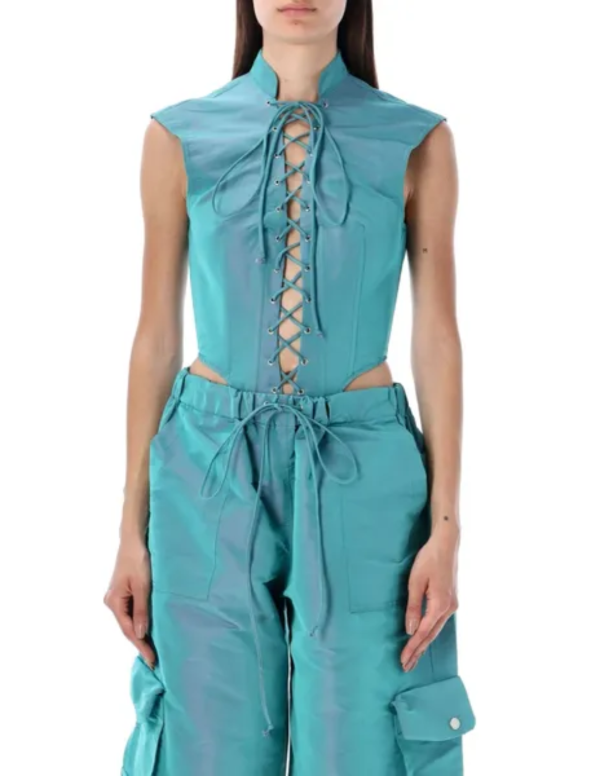 LaQuan Smith Utility Bodysuit with Lace Up Detail — Aqua