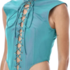 LaQuan Smith Utility Bodysuit with Lace Up Detail — Aqua