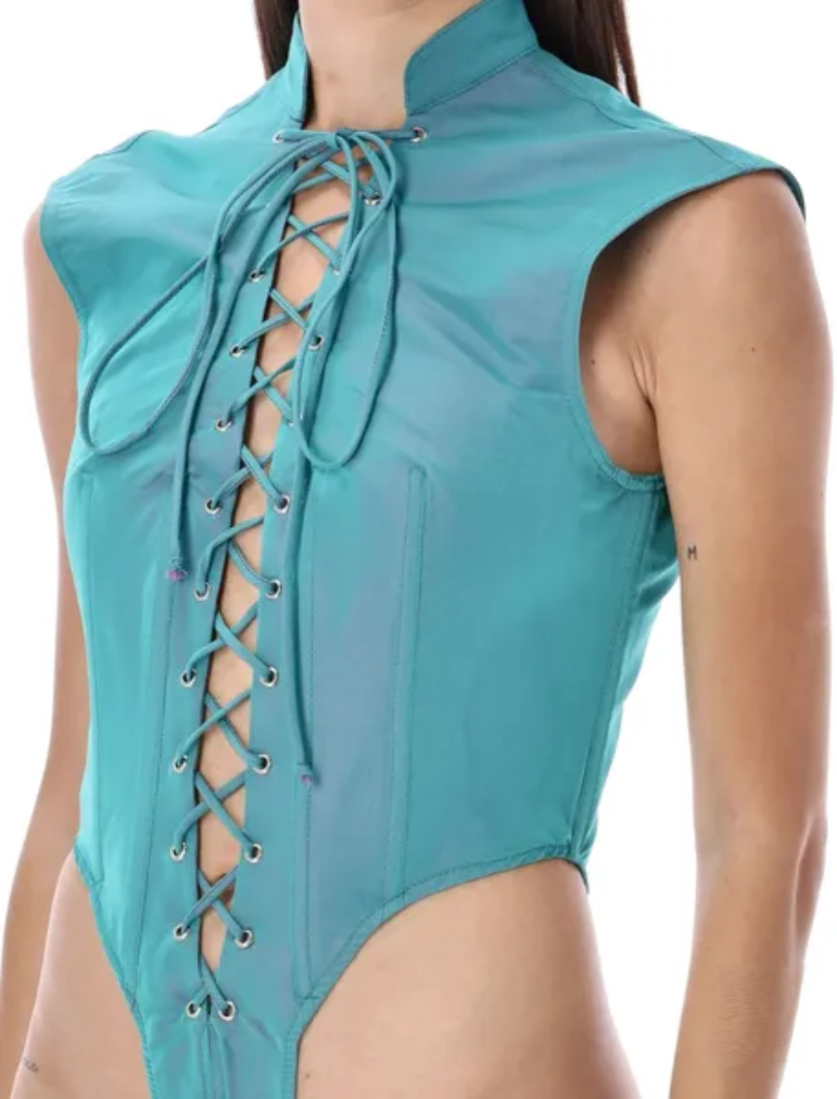 LaQuan Smith Utility Bodysuit with Lace Up Detail — Aqua