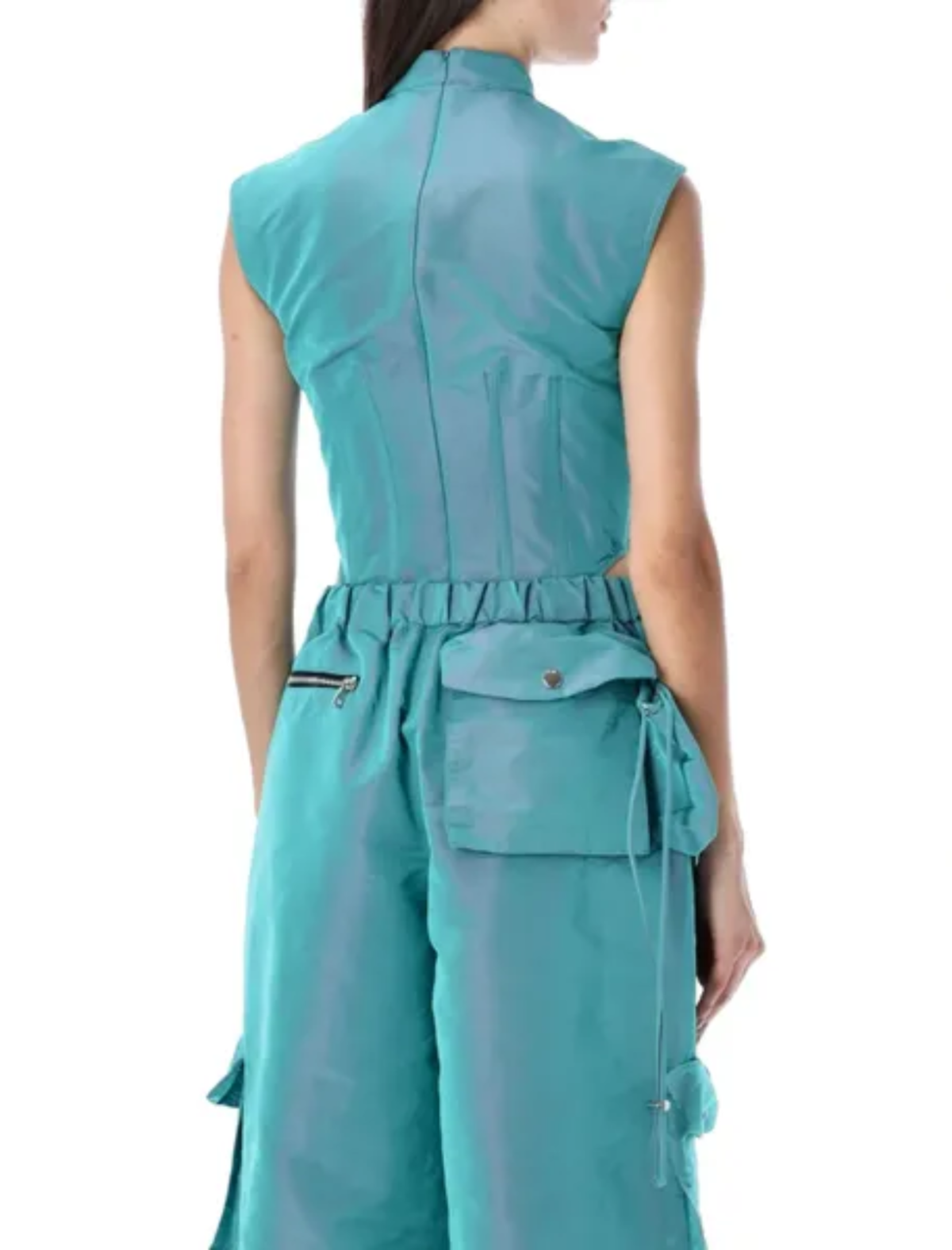 LaQuan Smith Utility Bodysuit with Lace Up Detail — Aqua