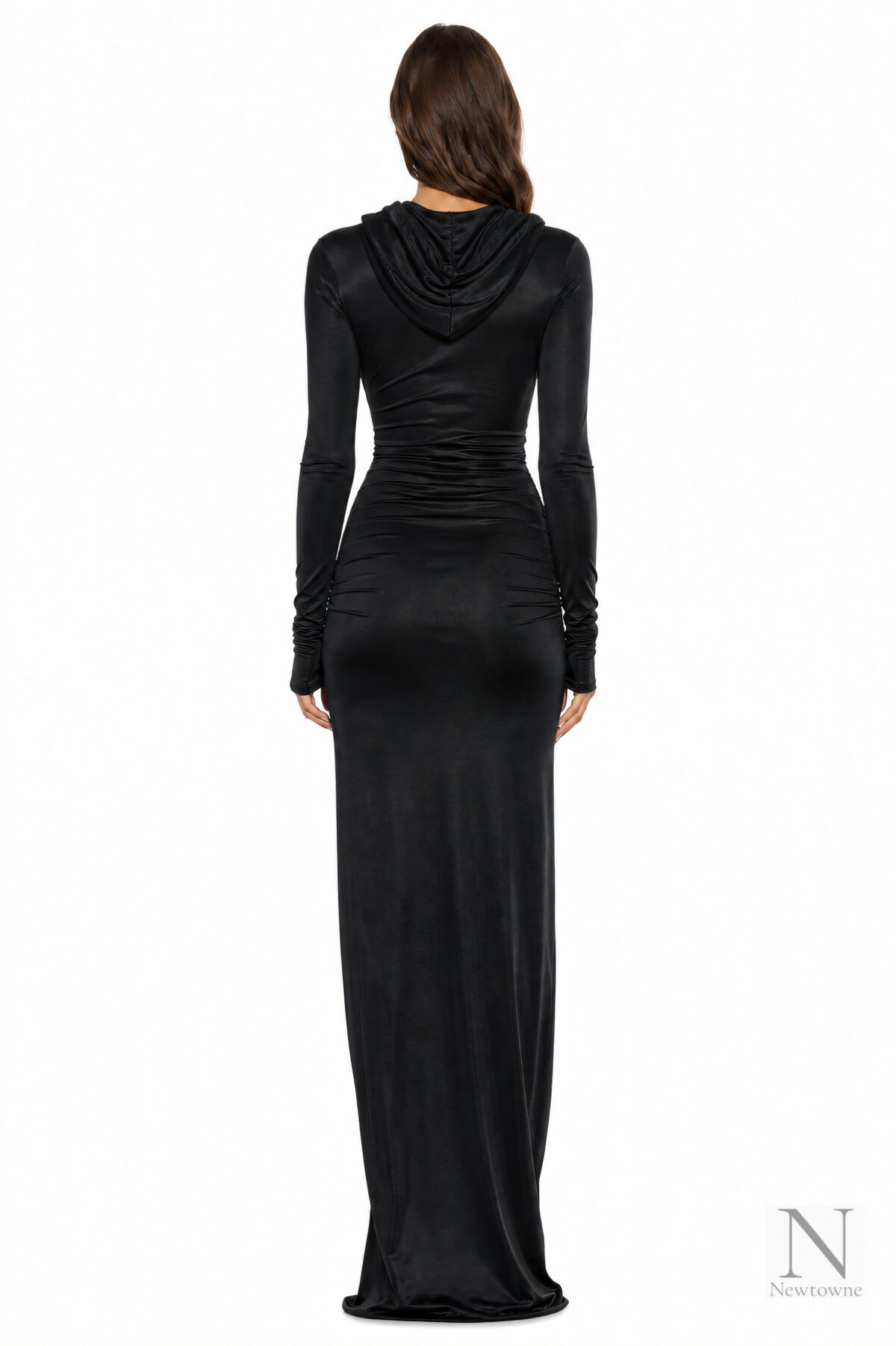 Atlein Zip Detail Hooded Ruched Gown — Black