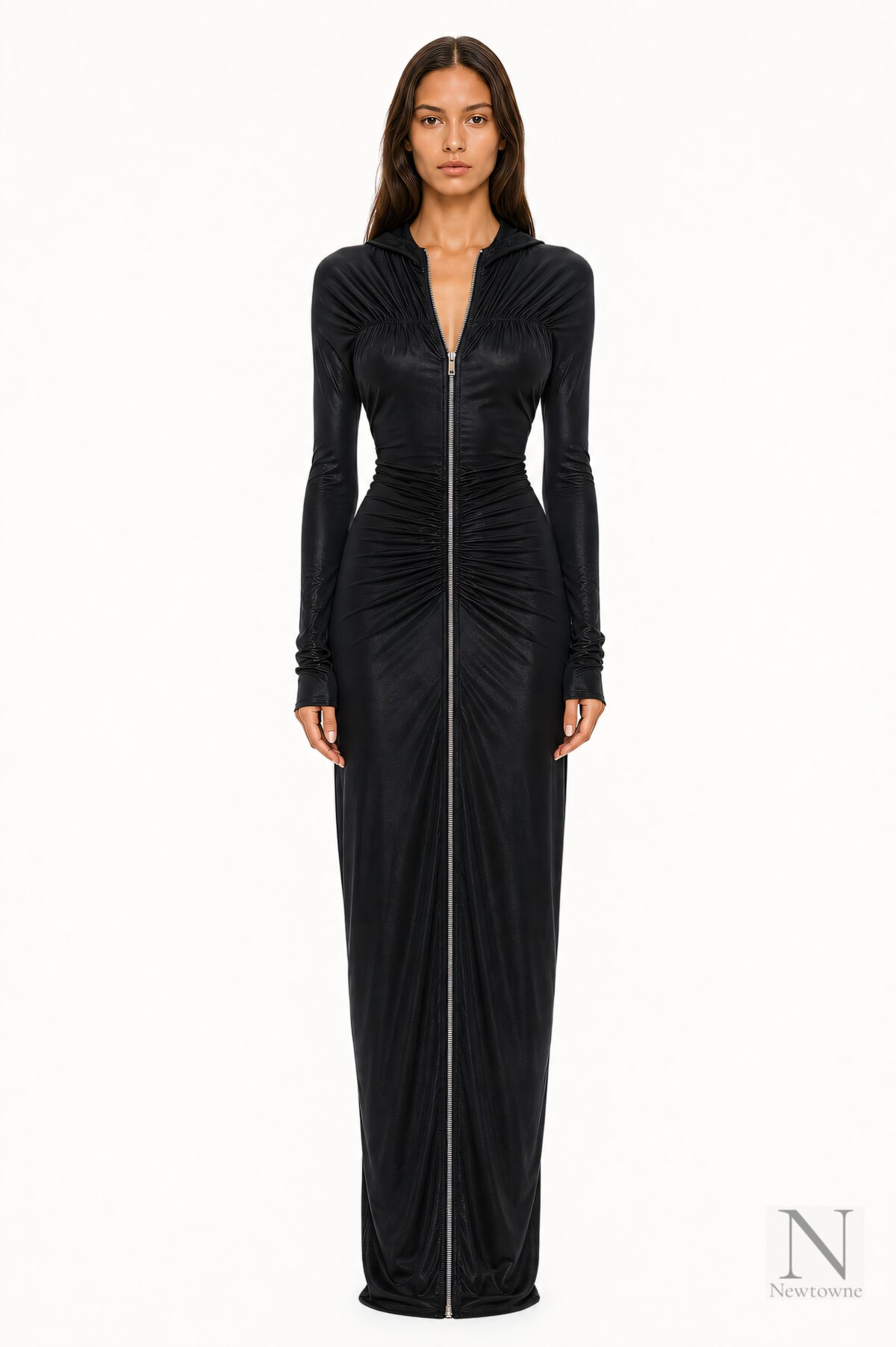 Atlein Zip Detail Hooded Ruched Gown — Black