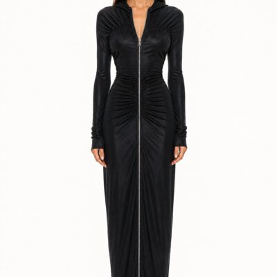 Atlein Zip Detail Hooded Ruched Gown — Black