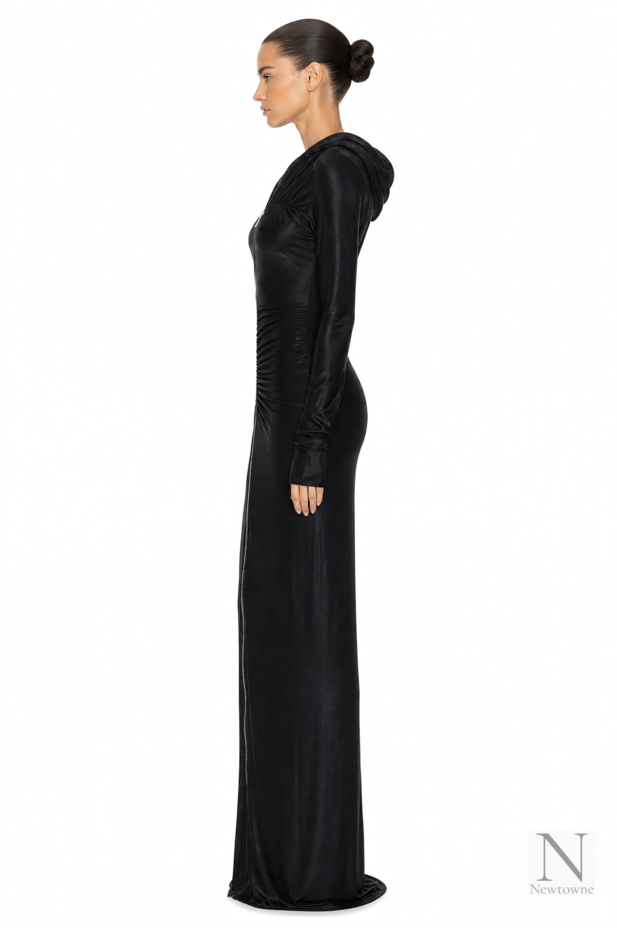 Atlein Zip Detail Hooded Ruched Gown — Black
