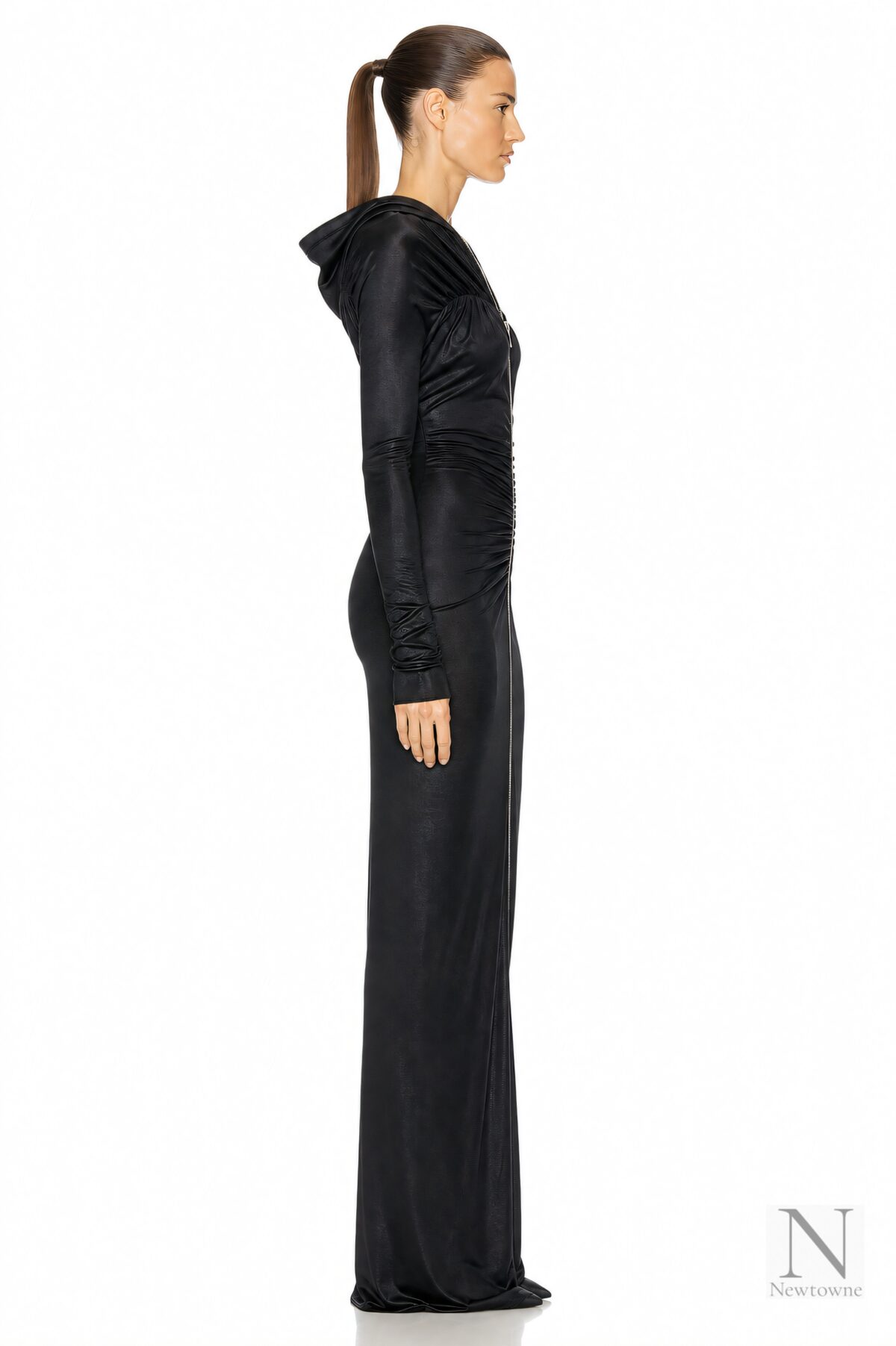 Atlein Zip Detail Hooded Ruched Gown — Black