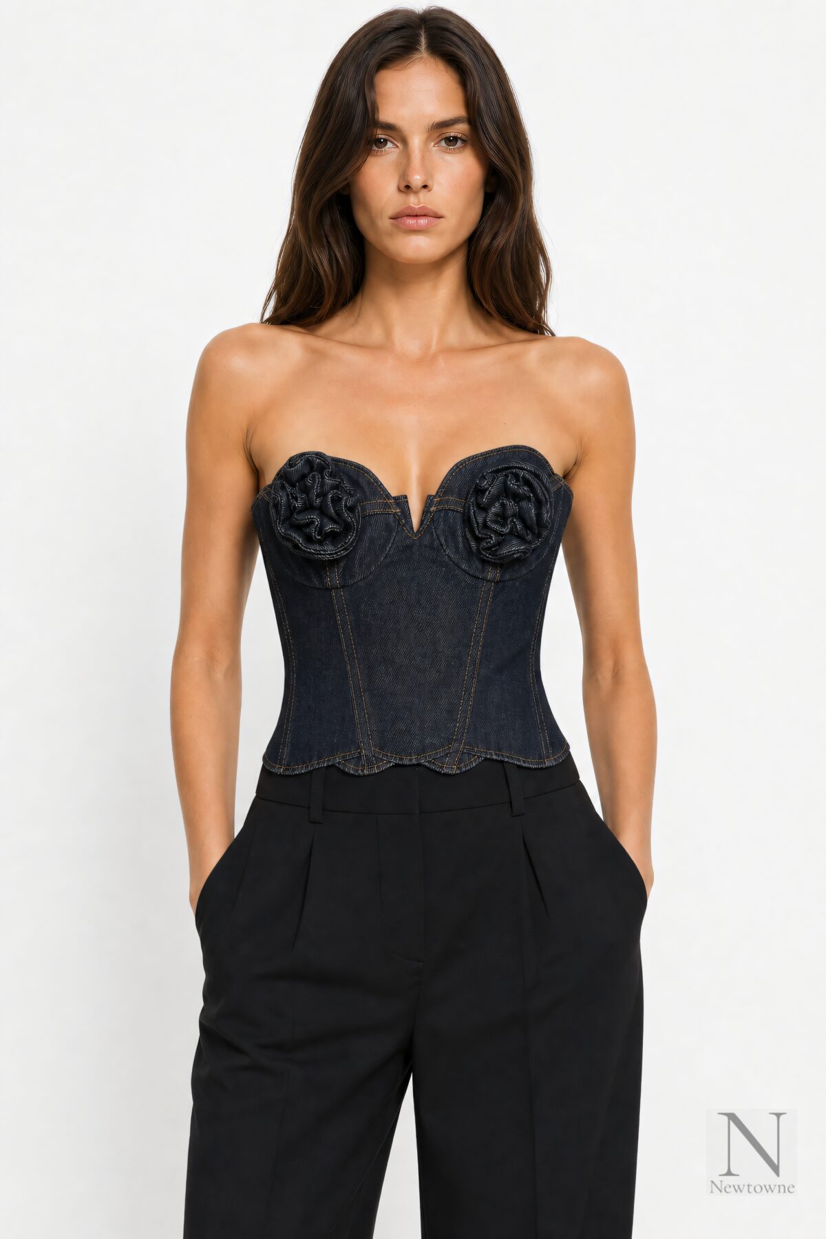 Magda Butrym Flower Bustier Denim Corset Top — Black