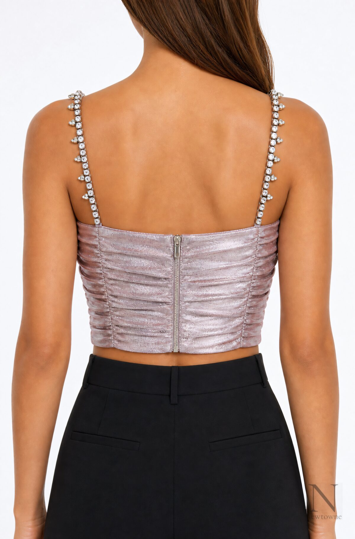 Area NYC Crystal Spike Ruched Top — Pink Silver