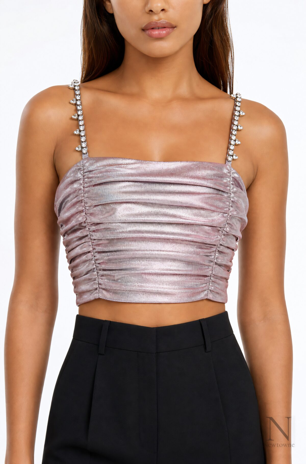 Area NYC Crystal Spike Ruched Top — Pink Silver
