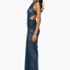 One shoulder ruched cut-out gown in dark teal mesh, left side view