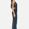 One shoulder ruched cut-out gown in dark teal mesh, right side view