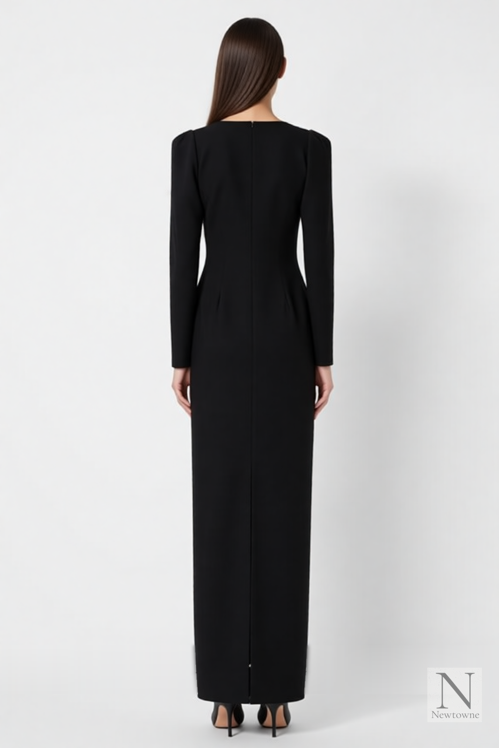 Asymmetric black V-neck long sleeve maxi dress, back view