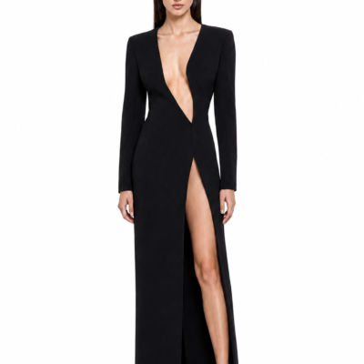 Asymmetric black V-neck long sleeve maxi dress, front view with leg split