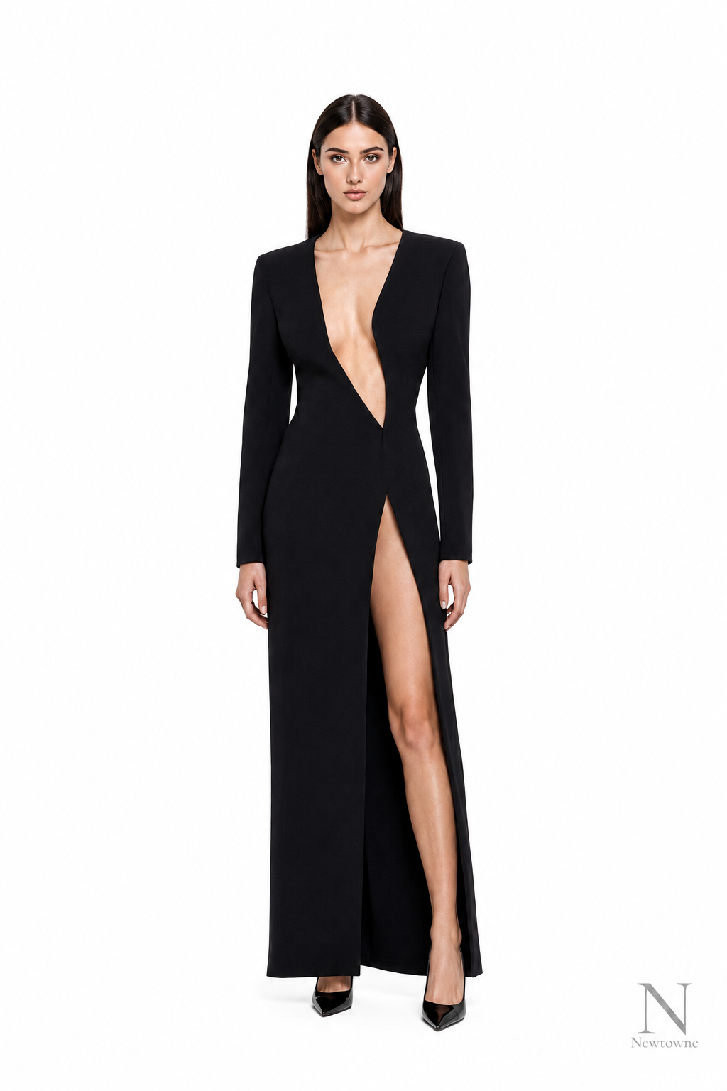 Asymmetric black V-neck long sleeve maxi dress, front view with leg split
