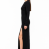 Asymmetric black V-neck long sleeve maxi dress, side view