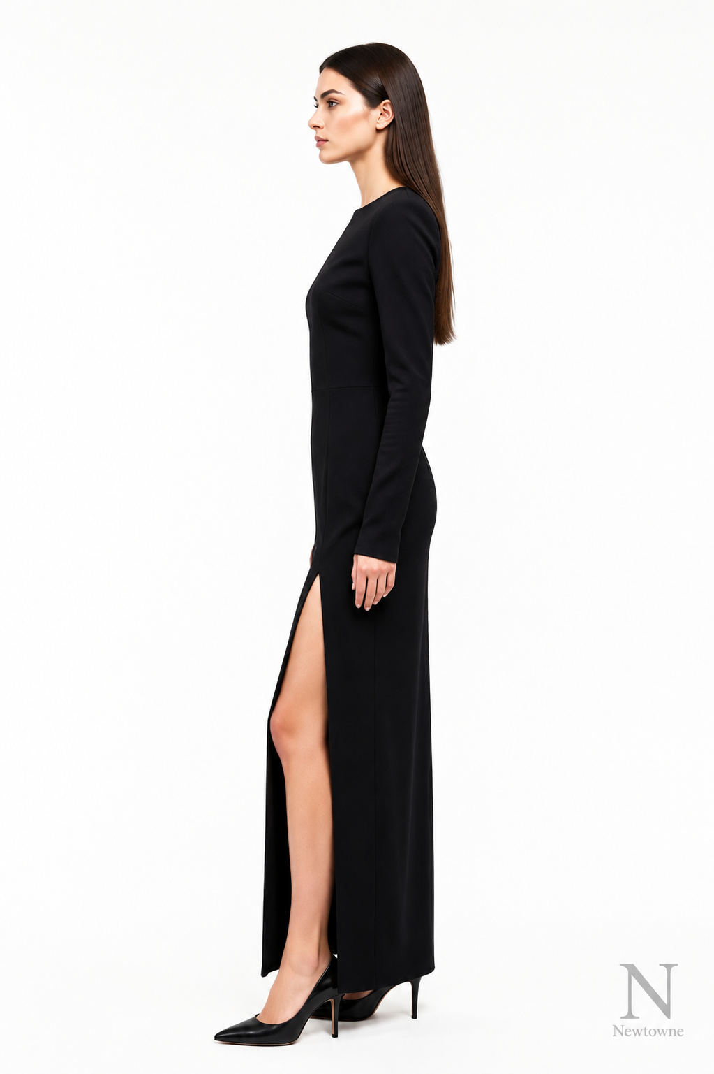 Asymmetric black V-neck long sleeve maxi dress, side view