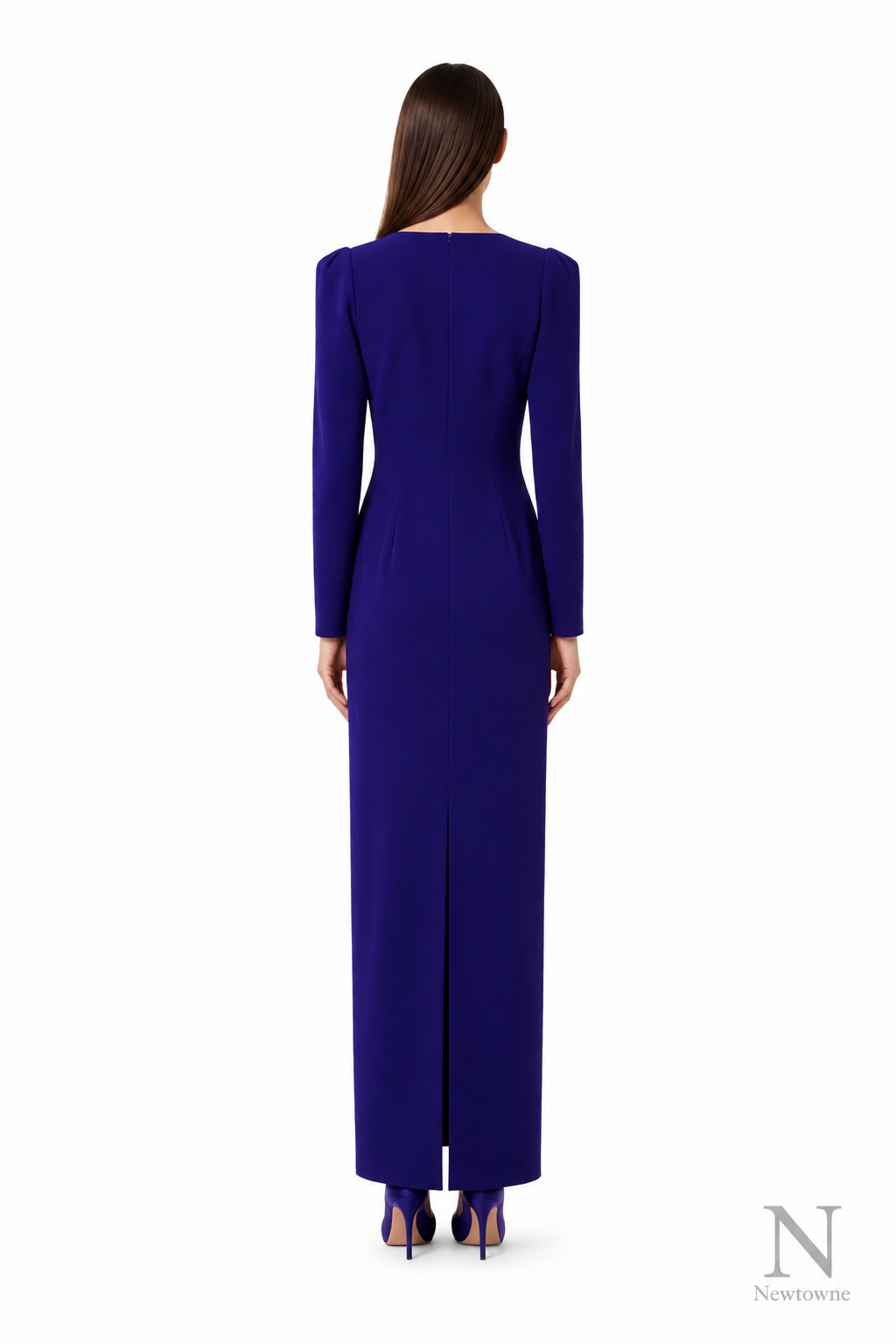 MONOT asymmetric V-neck long sleeve maxi dress in purple, back view