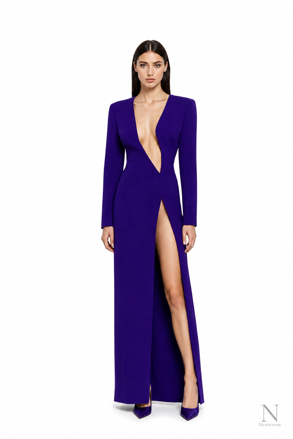 MONOT asymmetric V-neck long sleeve maxi dress in purple, front view