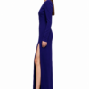 MONOT asymmetric V-neck long sleeve maxi dress in purple, side view with leg split
