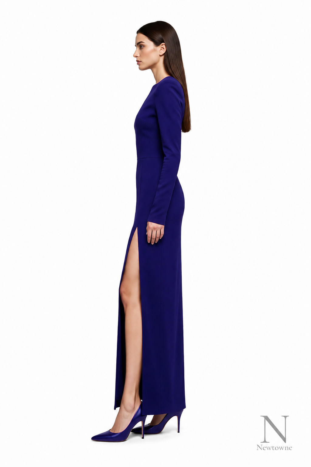 MONOT asymmetric V-neck long sleeve maxi dress in purple, side view with leg split