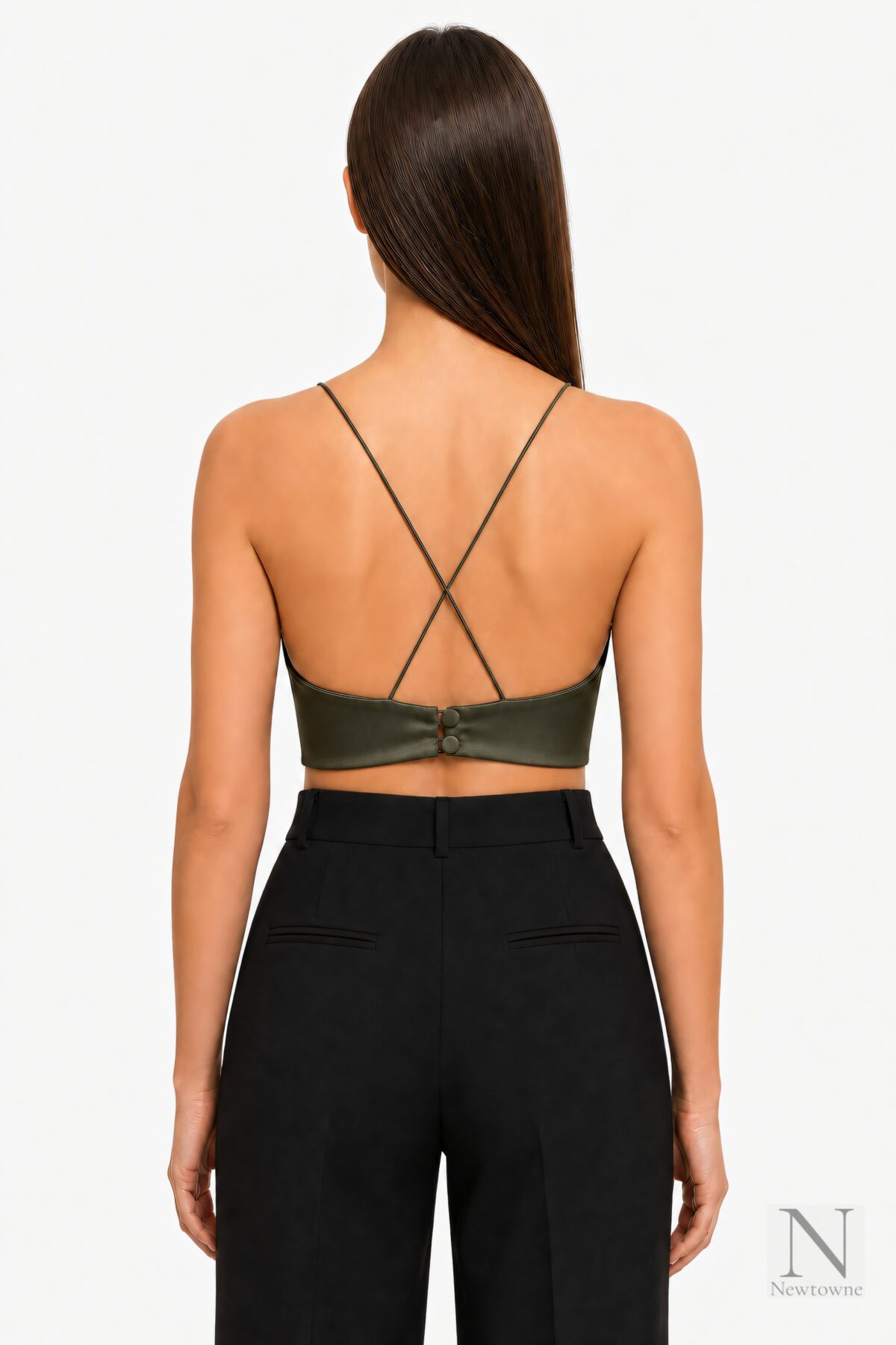 Alex Perry Tora bra top khaki — back, crossed straps, two-button closure