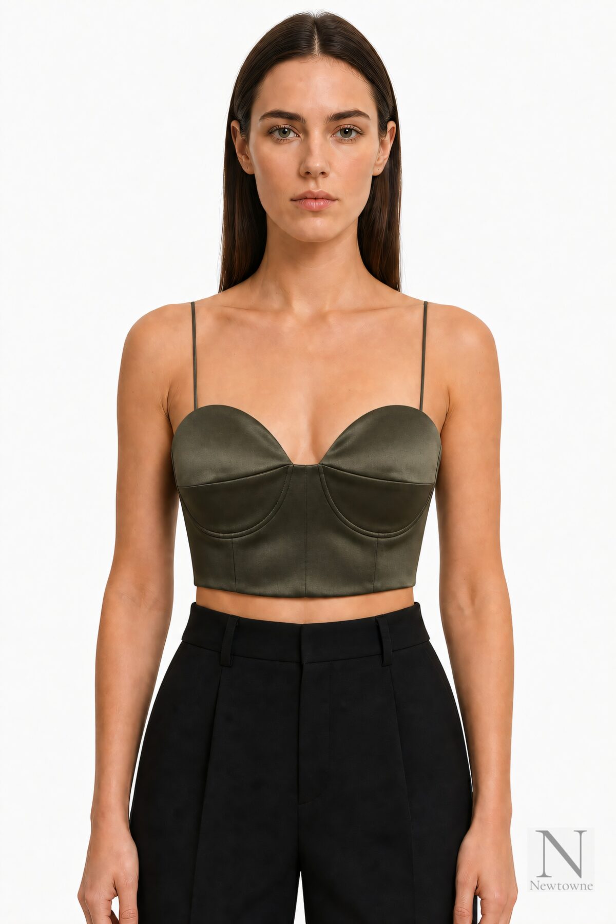 Alex Perry Tora bra top khaki — front, thin shoulder straps, sweetheart neckline