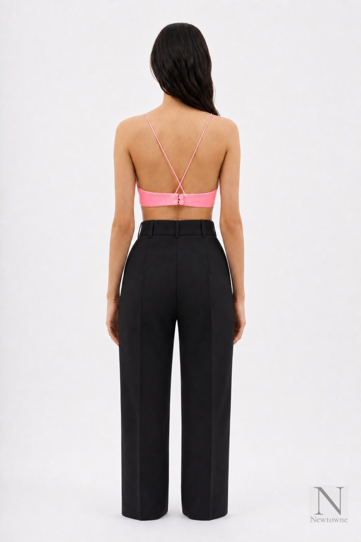 Alex Perry Tora bra top pink — back, crossed straps, two-button closure